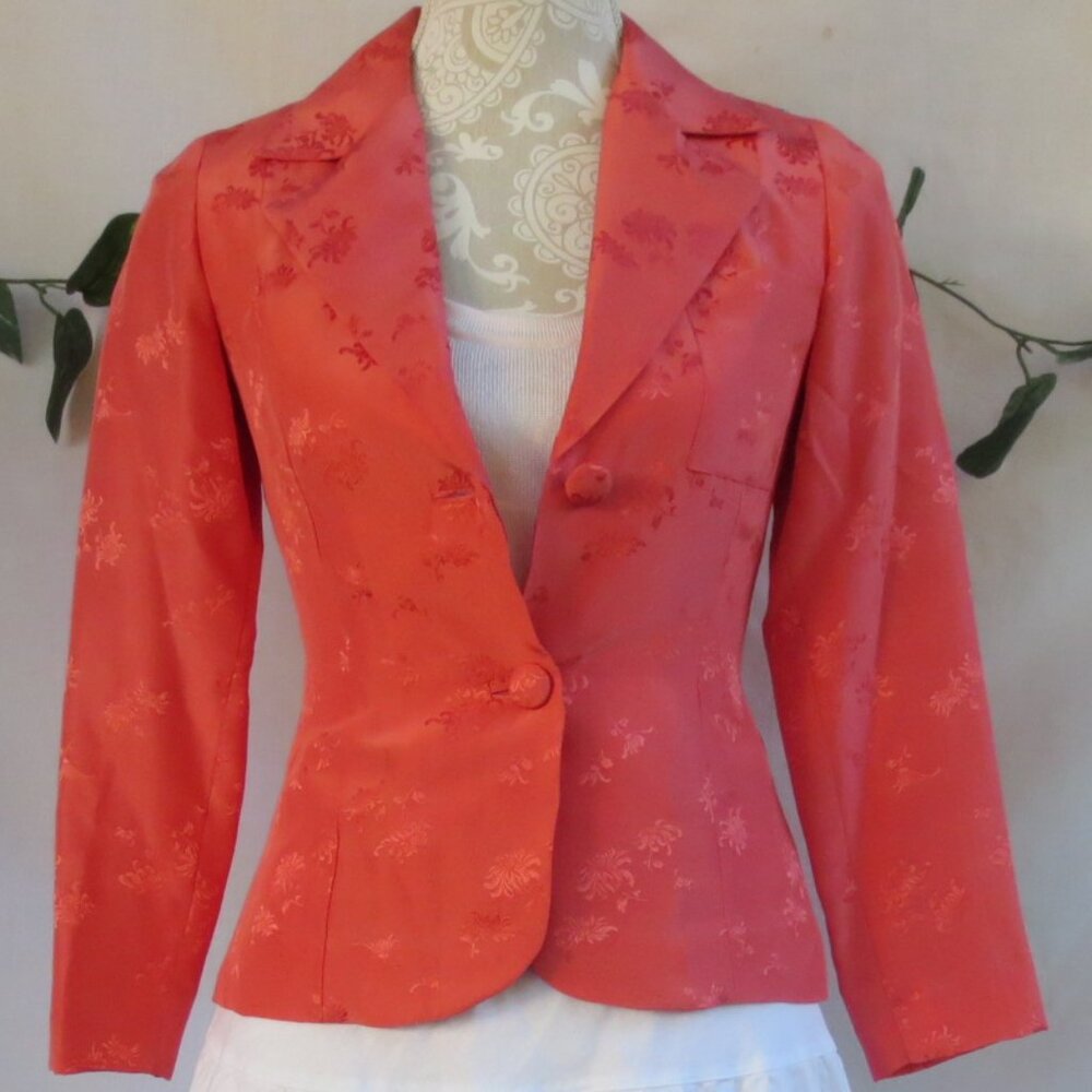 Vintage Jacket Coral Orange Fitted Dressy Asian Floral Brocade Blazer Size SP - Picture 2 of 10